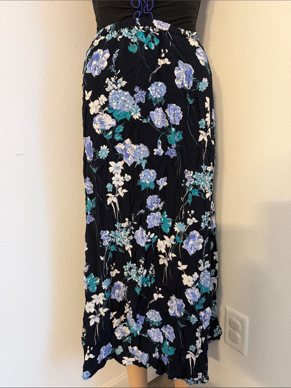 Vintage Navy Floral Maxi Skirt with Blue & Teal Blooms
